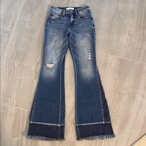 KanCan Blue Flare Jeans with Distressed Details and Raw Hem
